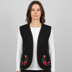 Vintage Black Wool Hungarian Folk Vest w/ Embroidered Flowers  - L/XL